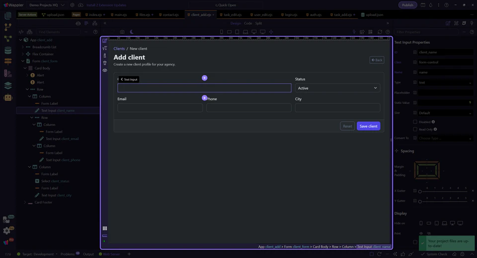 Screenshot: The client form is a clean plain-fields baseline