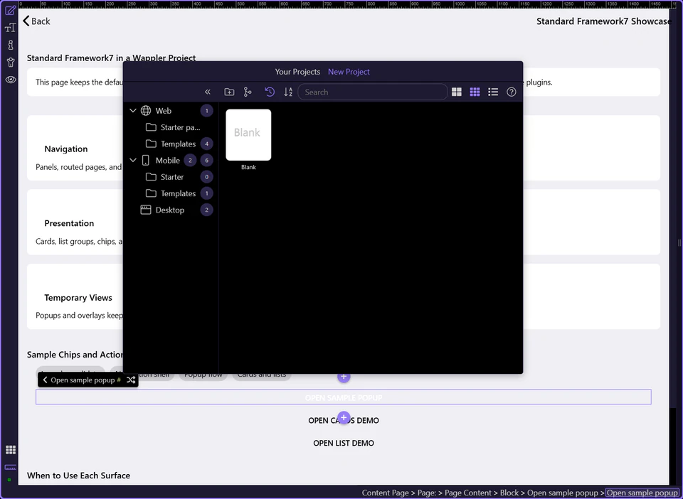 Screenshot: Open a current Framework7 component showcase