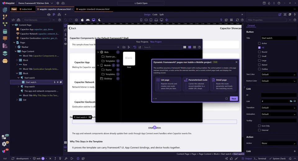 Screenshot: Dynamic Framework7 pages run inside a Mobile project