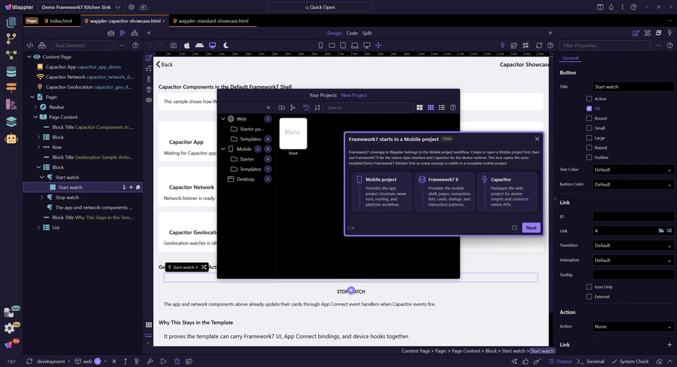 Screenshot: Framework7 starts in a Mobile project