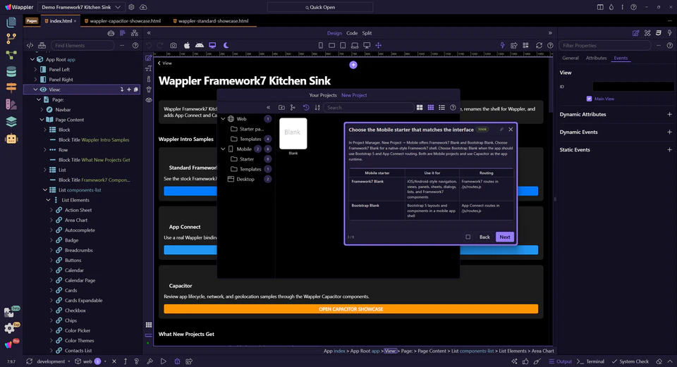 Screenshot: Choose the Mobile starter that matches the interface