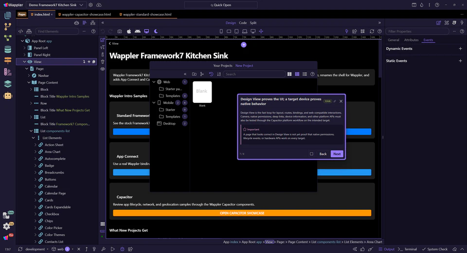 Screenshot: Design View proves the UI; a target device proves native behavior