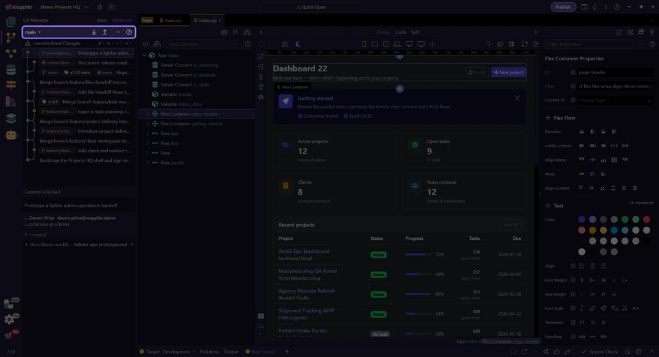 Screenshot: Demo Projects HQ is prepared to show real branch states