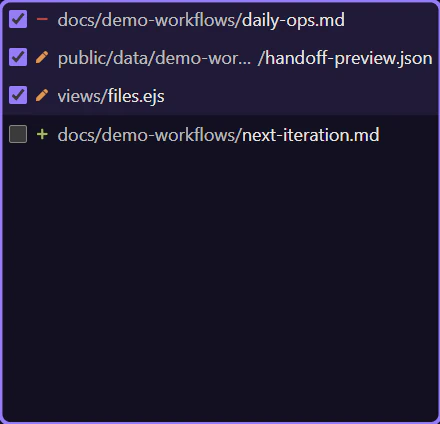Screenshot: The current file list uses checkbox selection for staging