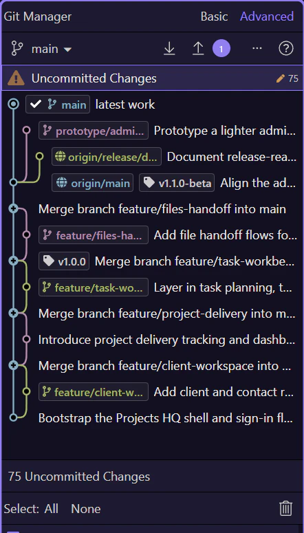 Screenshot: Continue with the next Git decision