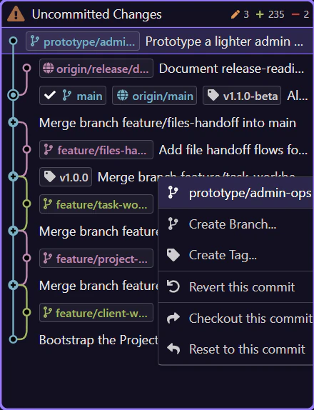 Screenshot: Changed files have their own history actions
