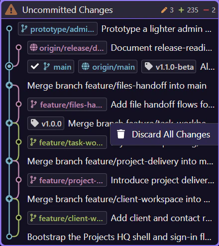 Screenshot: The pinned Uncommitted row has its own smaller context menu