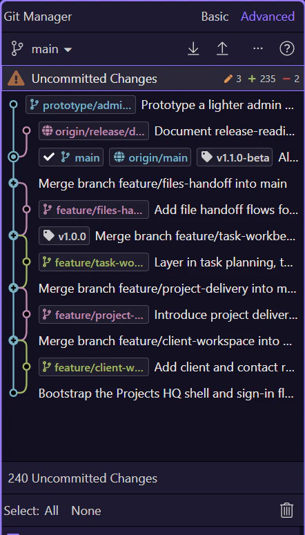 Screenshot: Continue with the next Git decision