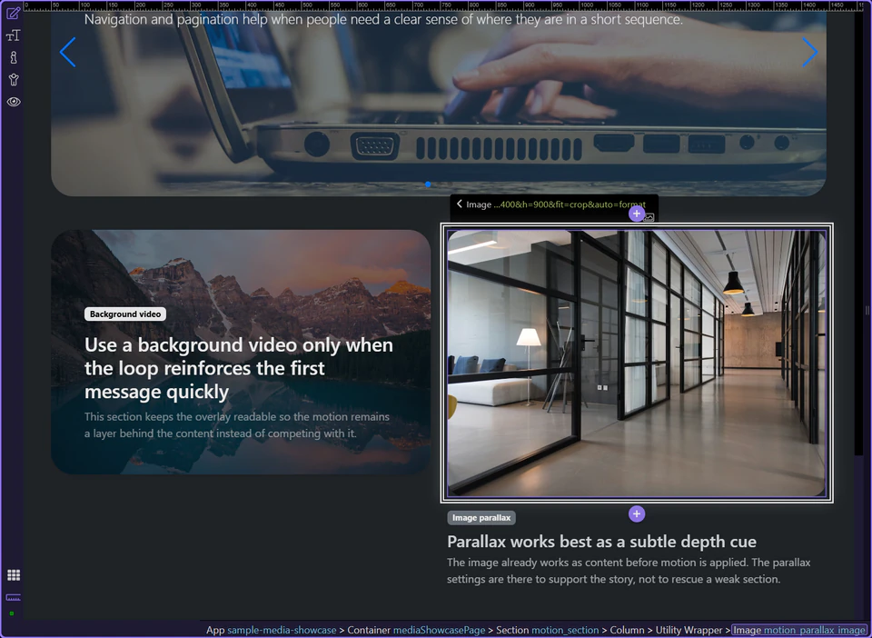 Screenshot: Image Parallax fits sections that already work with a still image