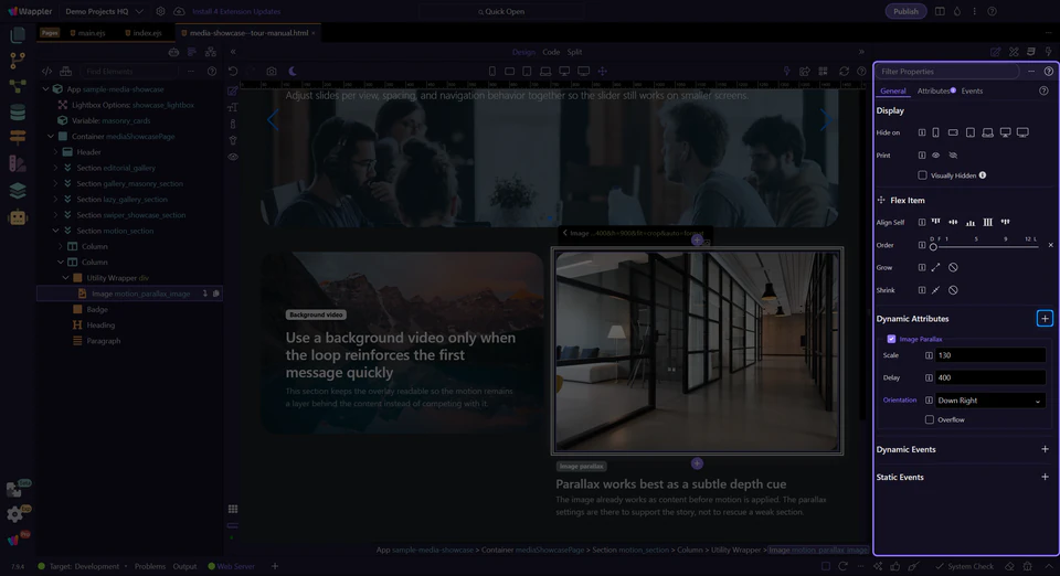 Screenshot: Image Parallax in Dynamic Attributes (+)