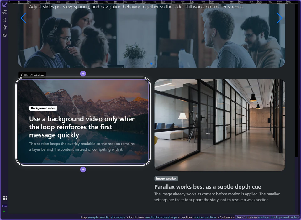 Screenshot: The finished section shows motion supporting readable content