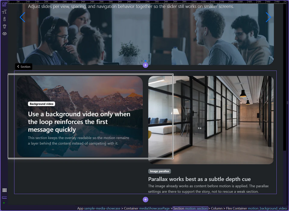 Screenshot: The section still has to read like content, not like a demo reel