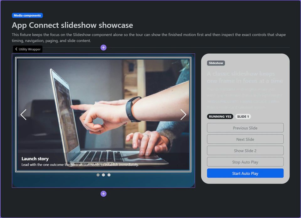 Screenshot: Use Slideshow when one frame should dominate the section