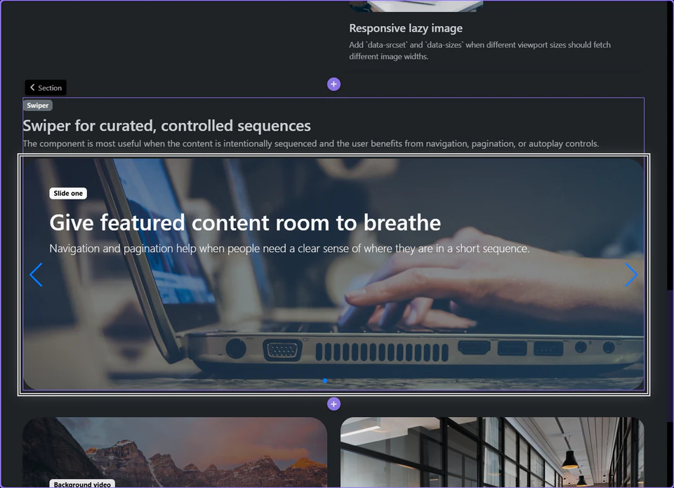 Screenshot: The slideshow section becomes the component parent