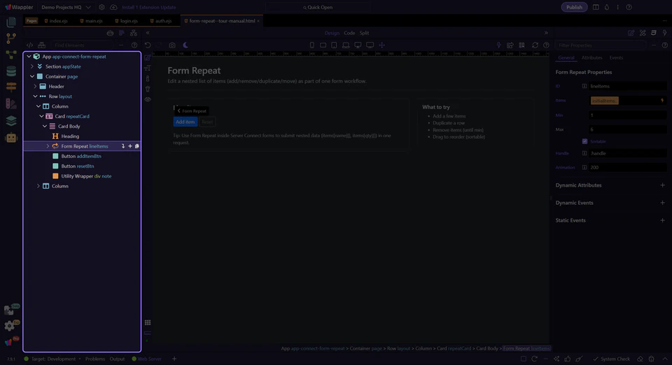 Screenshot: The repeated row container starts in App Structure
