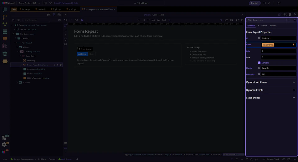 Screenshot: The Items source defines the outer collection