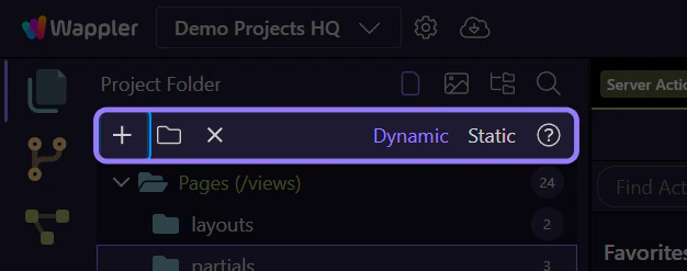 Screenshot: Create Page opens from the partials folder