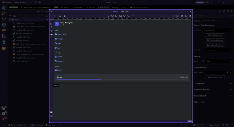 Screenshot: The sidebar partial is active in the HTML Editor