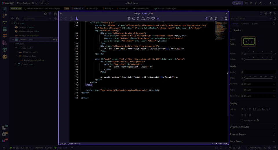 Screenshot: The main layout is active in the HTML Editor