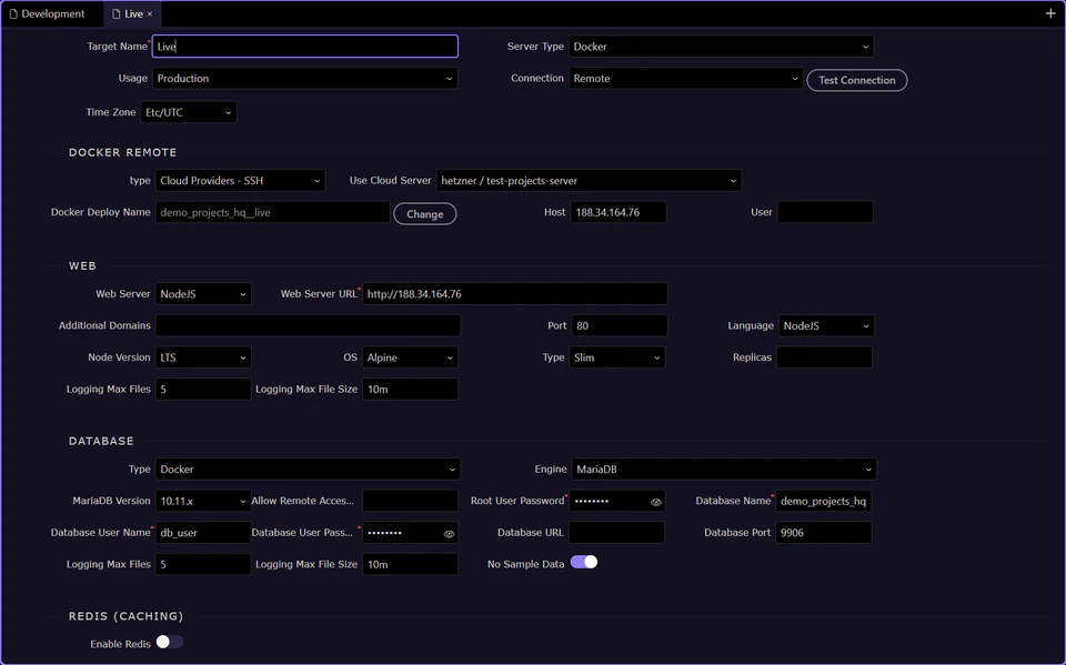 Screenshot: `Docker Host` shows the remote engine this target binds to