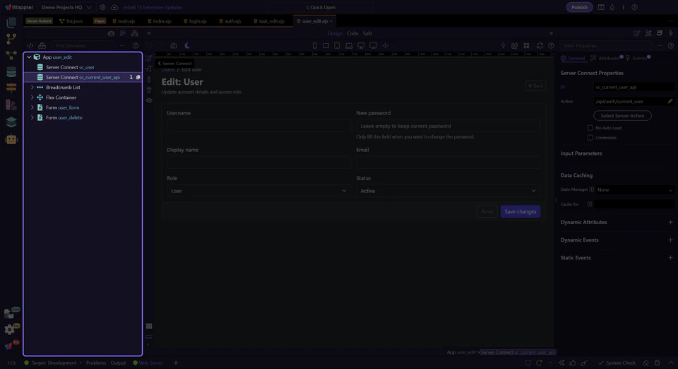 Screenshot: The page declares a dedicated current-user request