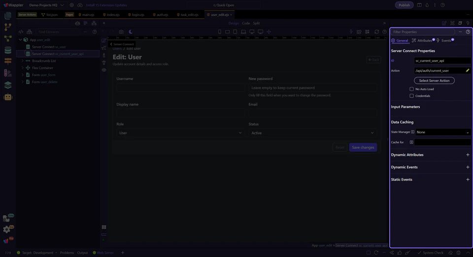 Screenshot: Properties shows the selected request component