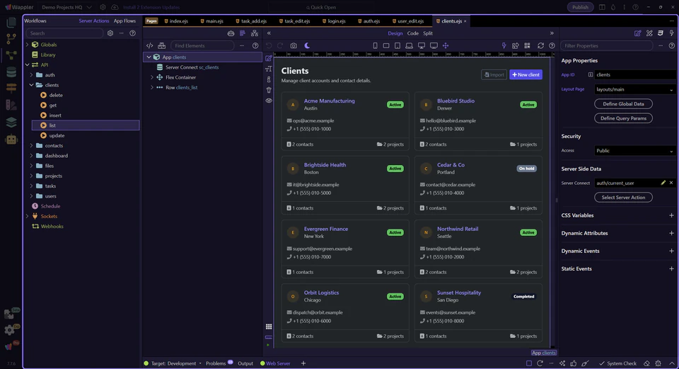 Screenshot: The Clients page opens