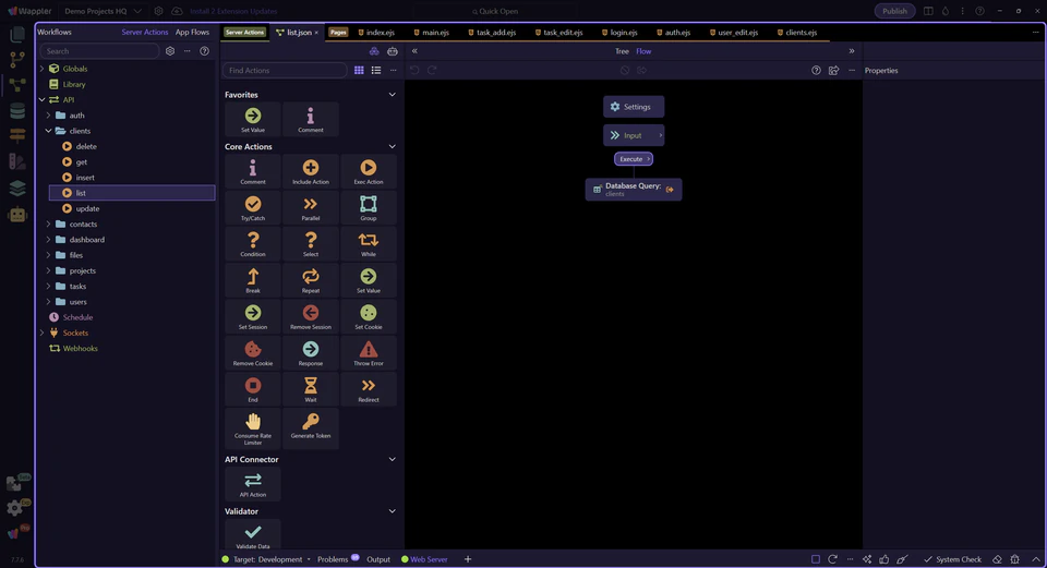 Screenshot: The /api/clients/list action opens