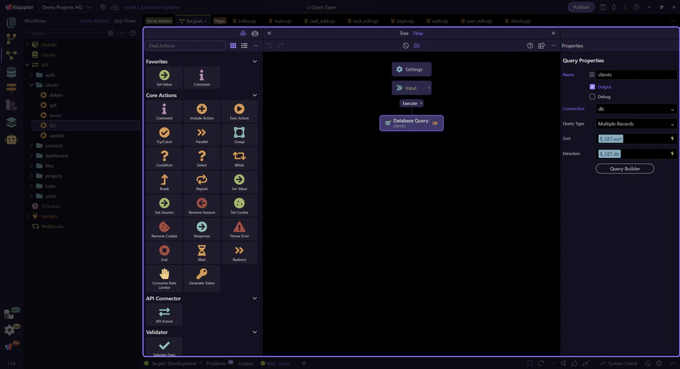 Screenshot: The clients step output