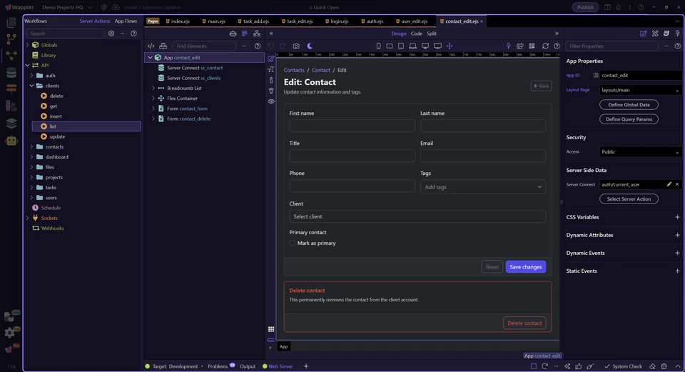 Screenshot: Design view is active for the contact edit page