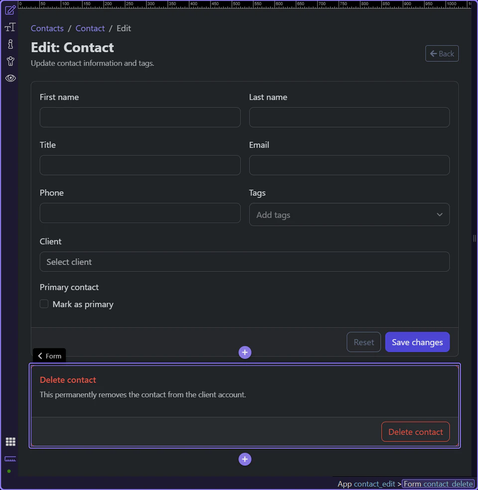 Screenshot: The delete form stays separate because the outcome is destructive