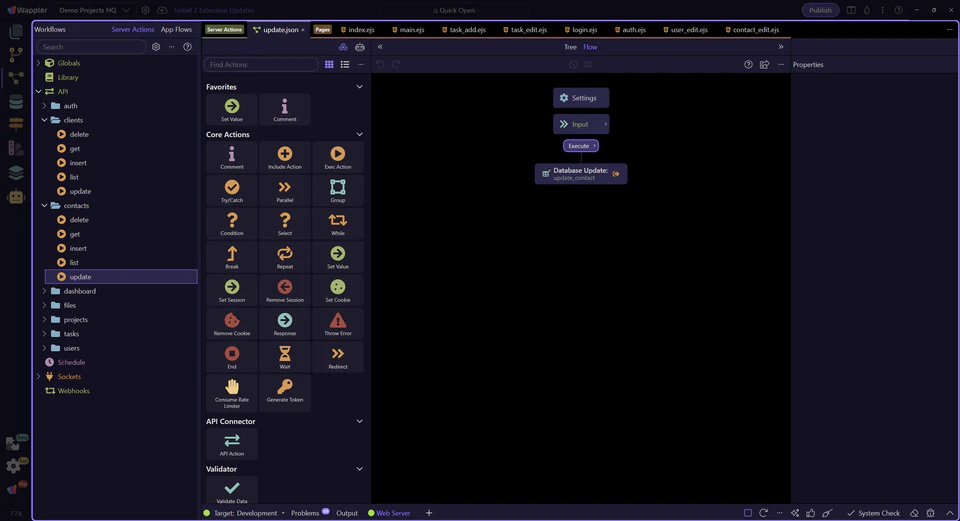 Screenshot: The update action opens in the Server Connect editor