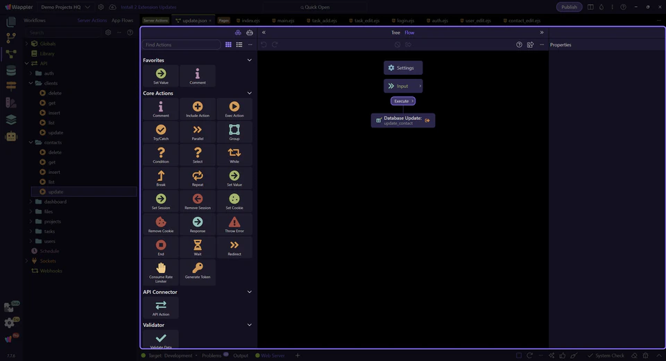Screenshot: $_POST declares the editable relationship, boolean, and tag fields