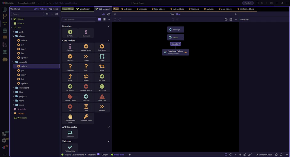 Screenshot: The delete action opens in the Server Connect editor