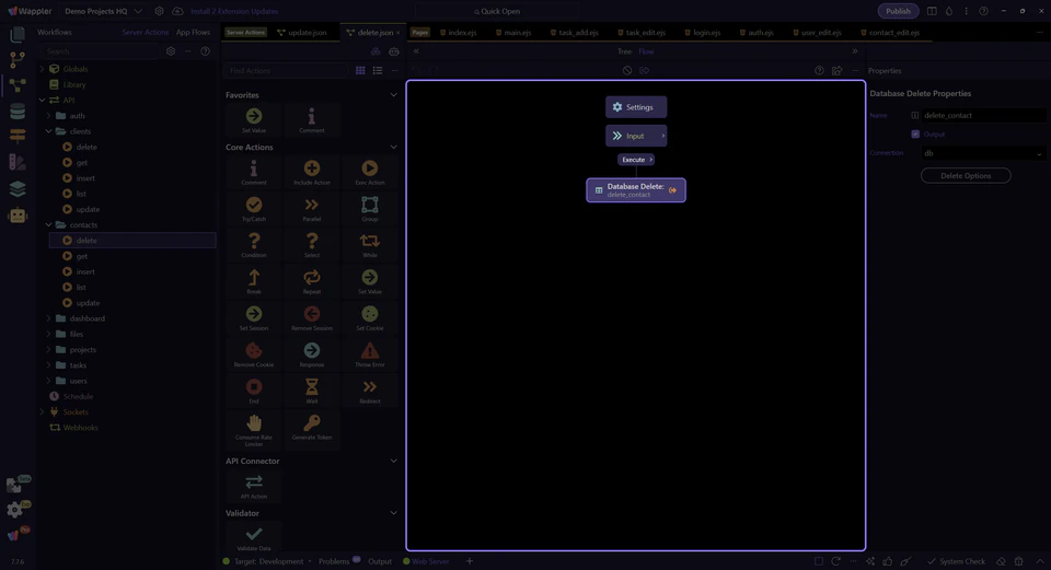 Screenshot: The delete step is selected in the workflow tree