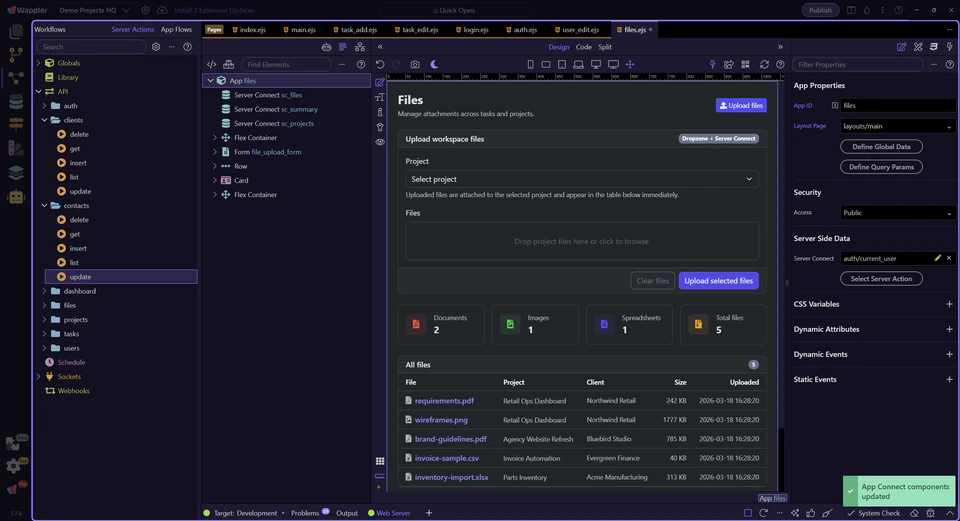 Screenshot: Design view is active for the files page