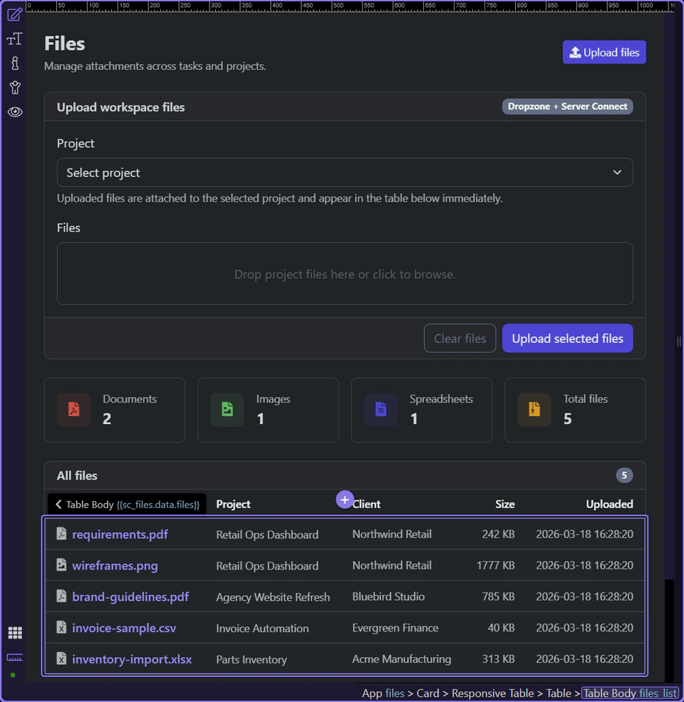 Screenshot: Each row exposes both the file and its related project