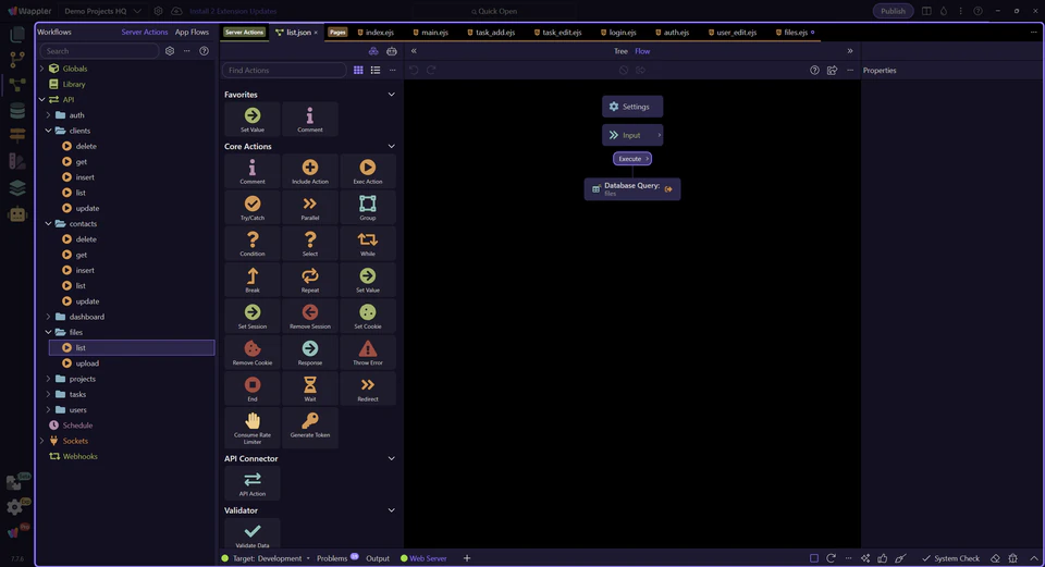 Screenshot: The files list action opens in the Server Connect editor
