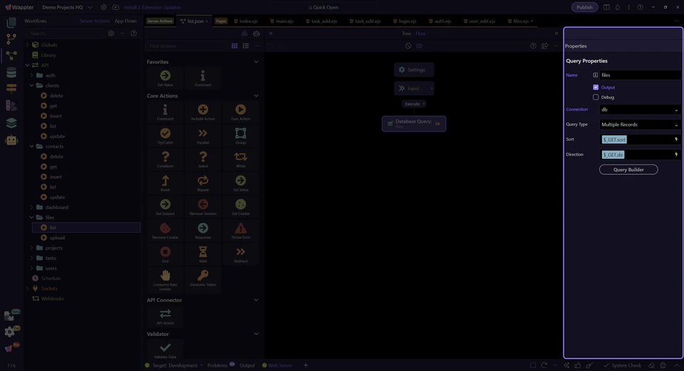 Screenshot: The Properties panel shows the selected query configuration