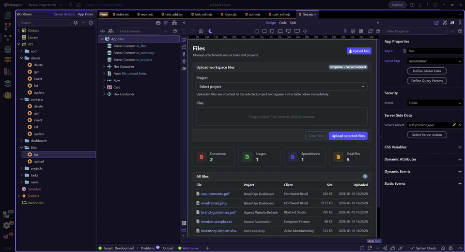 Screenshot: Design view is active for the files page