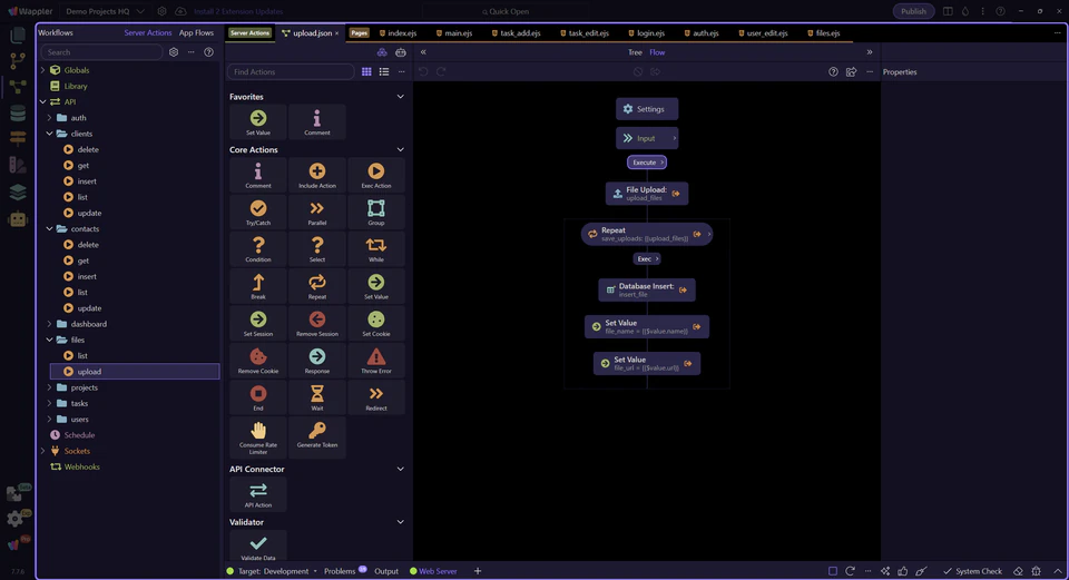 Screenshot: The upload action opens in the Server Connect editor