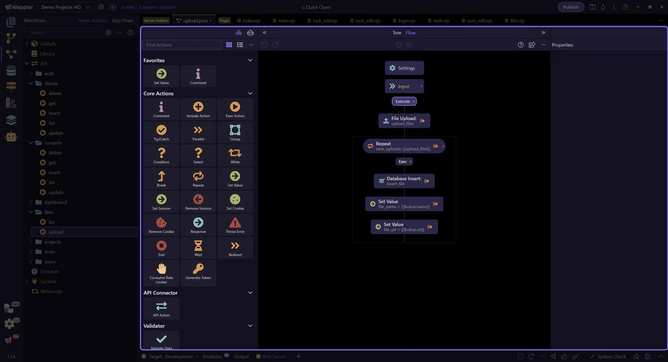 Screenshot: $_POST accepts project context and a multiple file field