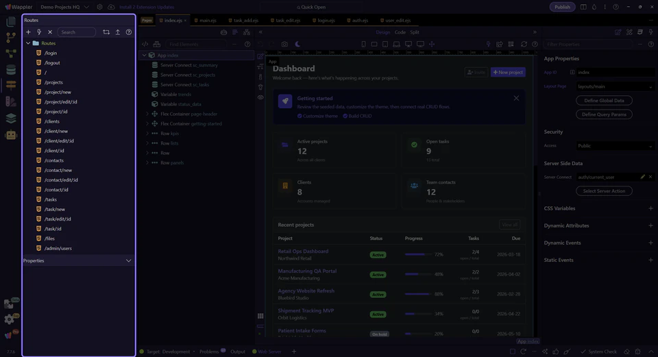 Screenshot: Demo Projects HQ: route, page, and action handoff
