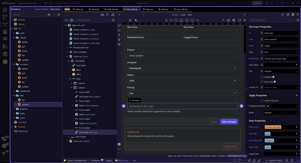 Screenshot: Design view is active for the edit page
