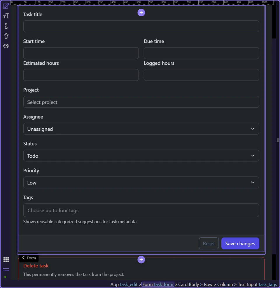 Screenshot: The update form owns the editable task state