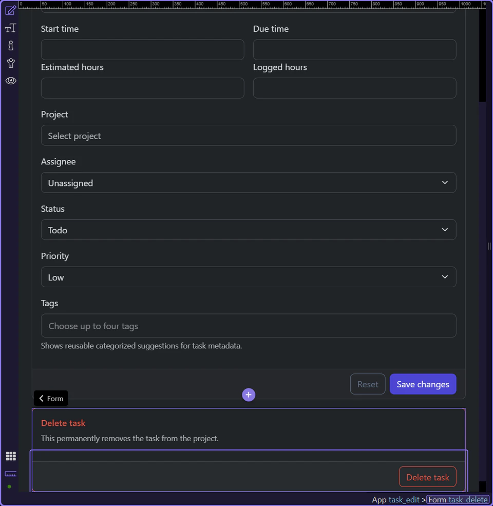 Screenshot: The delete form is separate because the outcome is different