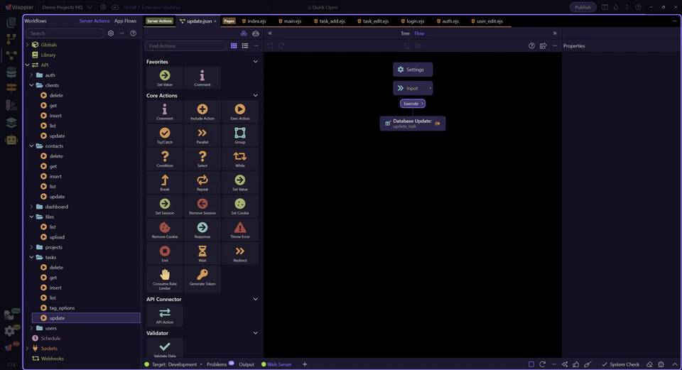 Screenshot: The update action in the Server Connect editor