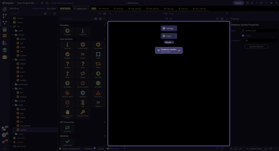 Screenshot: The update step is selected in the workflow tree