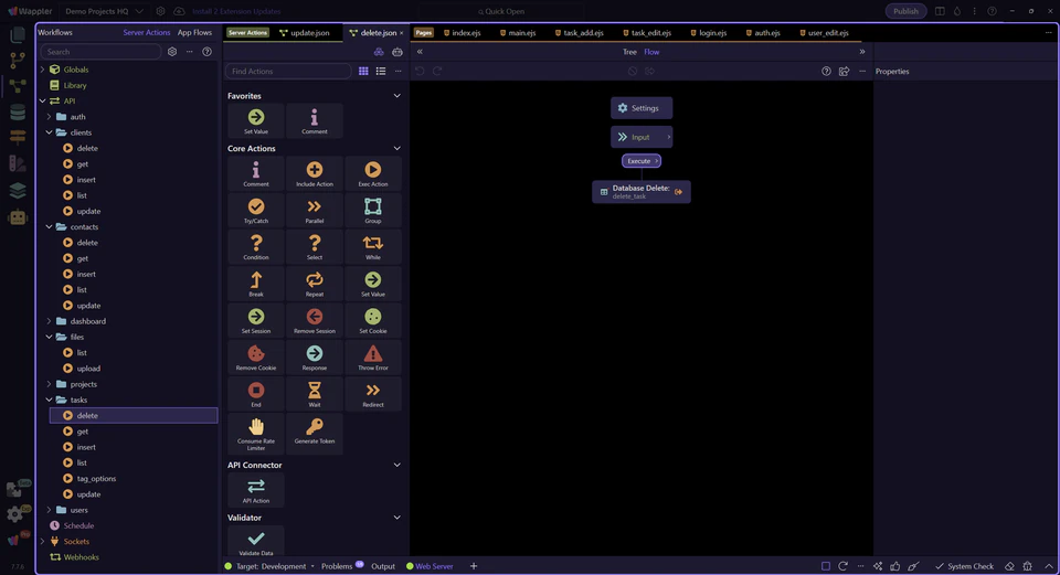 Screenshot: The delete action in the Server Connect editor