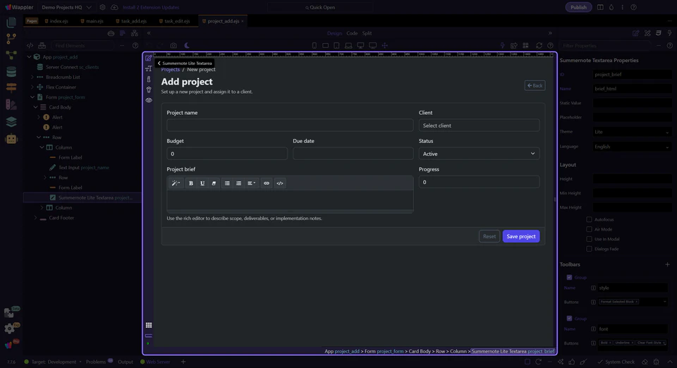 Screenshot: Project Brief editor selected in Design View